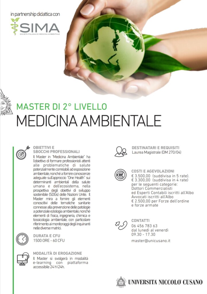 Al via dal 1 agosto 2020 il primo master italiano in Medicina Ambientale, nato dalla collaborazione tra ùUnicusano e SIMA