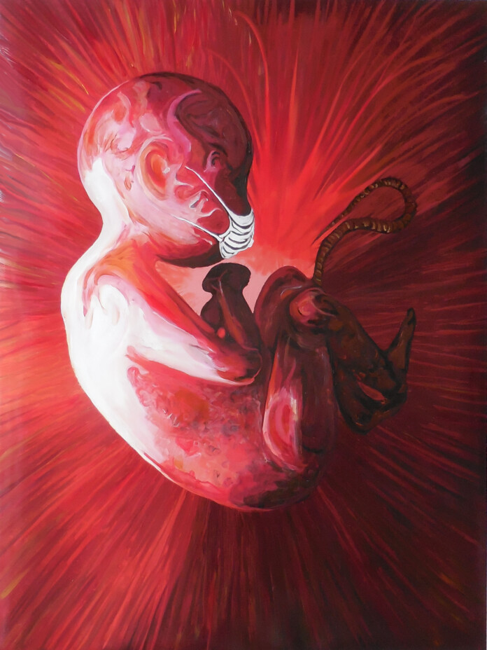 2020 di Carlo Alberto Perillo dalla culla alla tomba con mascherina d'ordinanza _ 2020 - Acrilico e smalti su pvc mormido - 60x80 - 2020